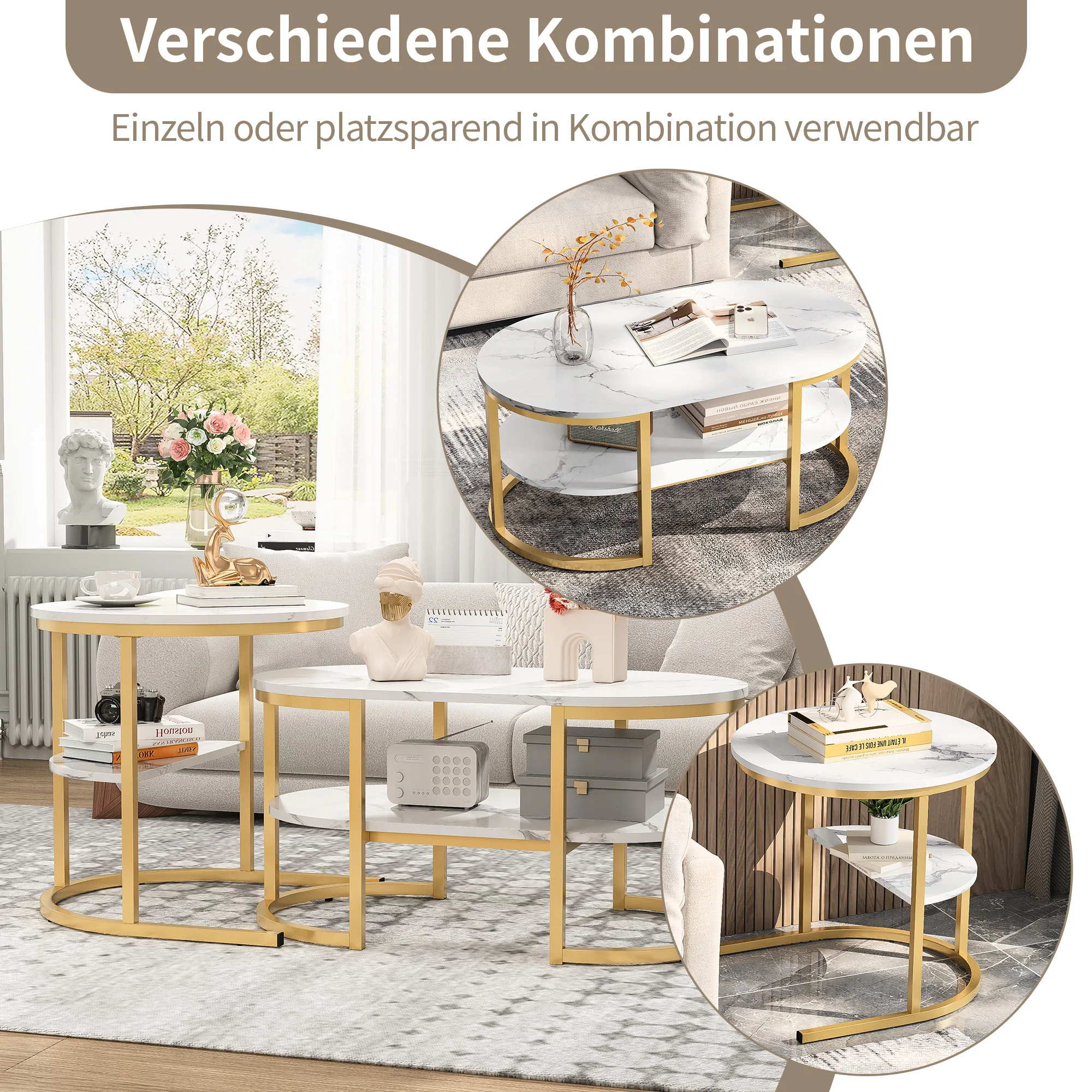Lazyspace Couchtisch, runder weißer Marmor mit Gold/Schwarz – runder Wohnzimmertisch, 2er-Set für Wohnzimmer – Durchmesser 80 x 52 cm