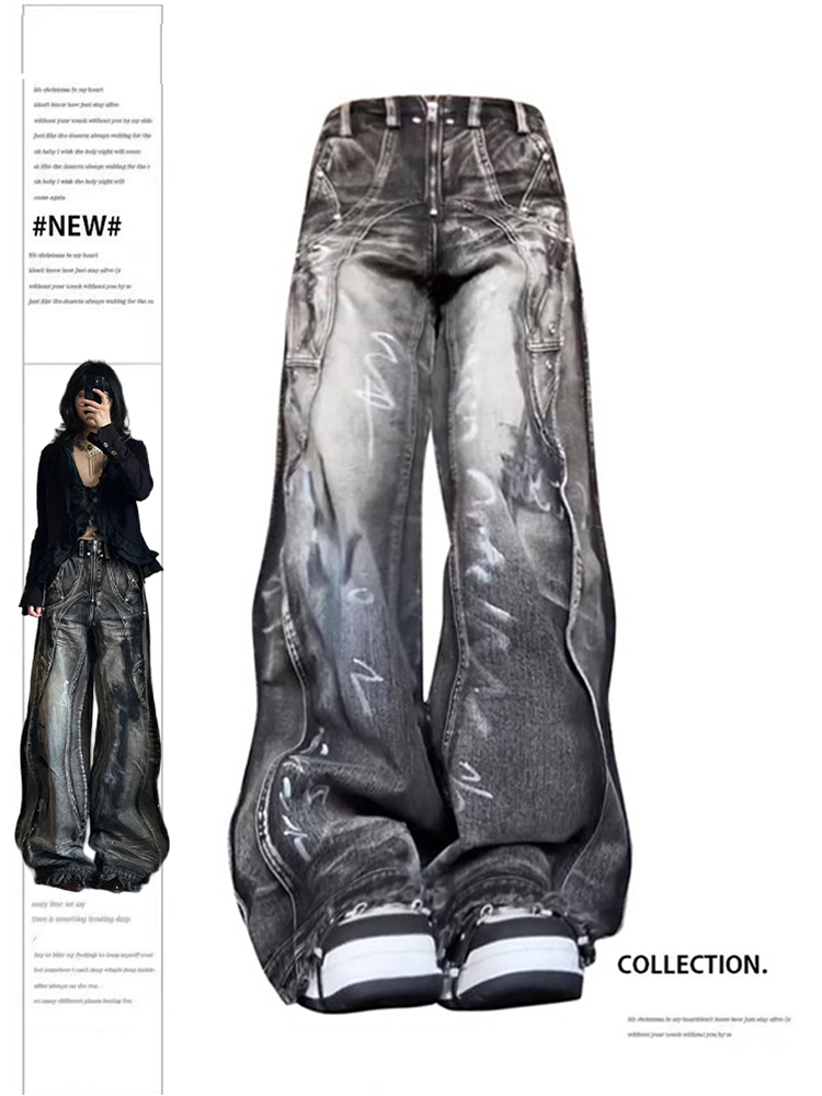 ผู้หญิงY2k Graffitiกางเกงยีนส์BaggyความงามVINTAGE OVERSIZEคาวบอยกางเกงHarajuku Streetwear 2000s EmoถังขยะDENIMกางเกง 2024