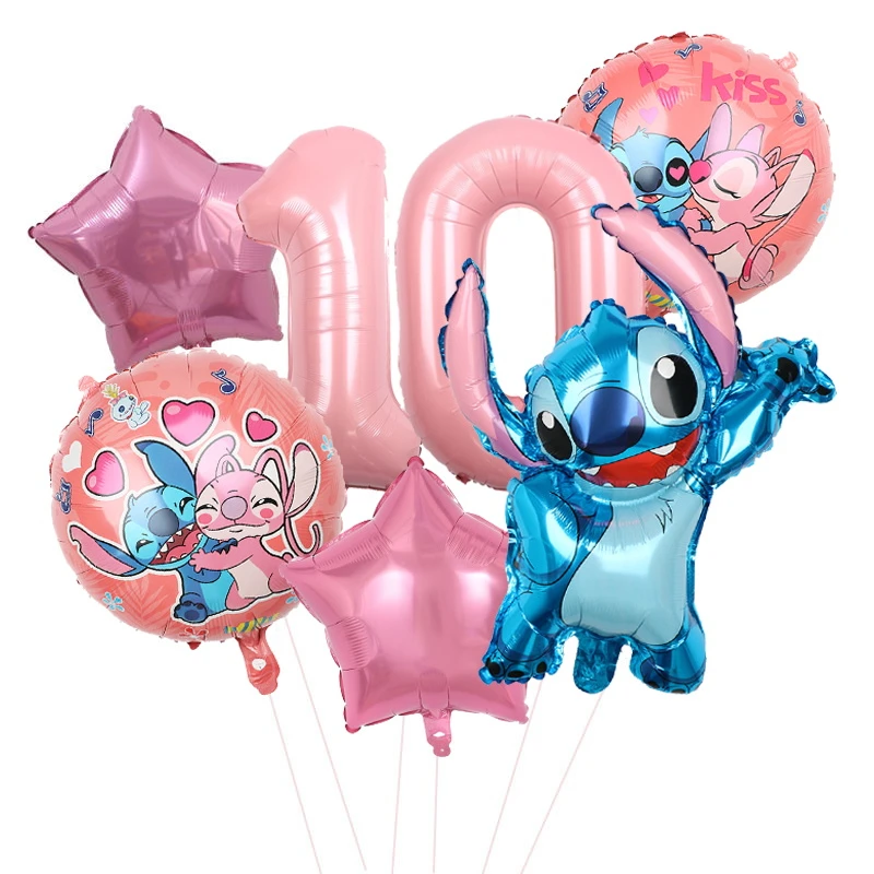 Decoración de fiesta de cumpleaños de Disney Stitch, vajilla temática de Lilo Stitch rosa, taza, plato, globos angulares, suministros felices para niños y niñas