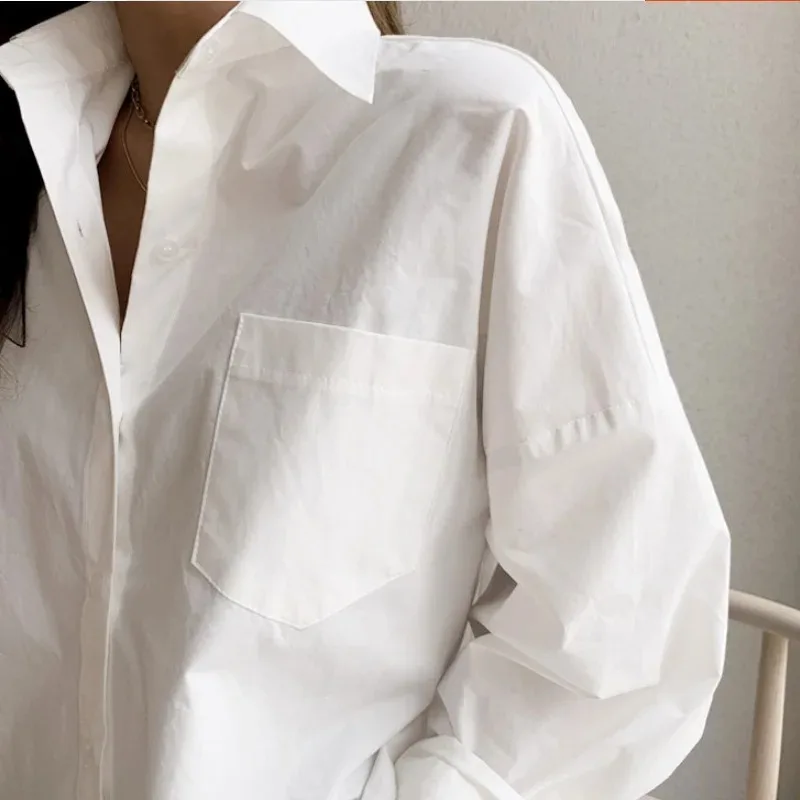 Camicette larghe casual bianche eleganti da donna da ufficio Moda nuova camicia da donna a maniche lunghe in cotone con colletto couverture