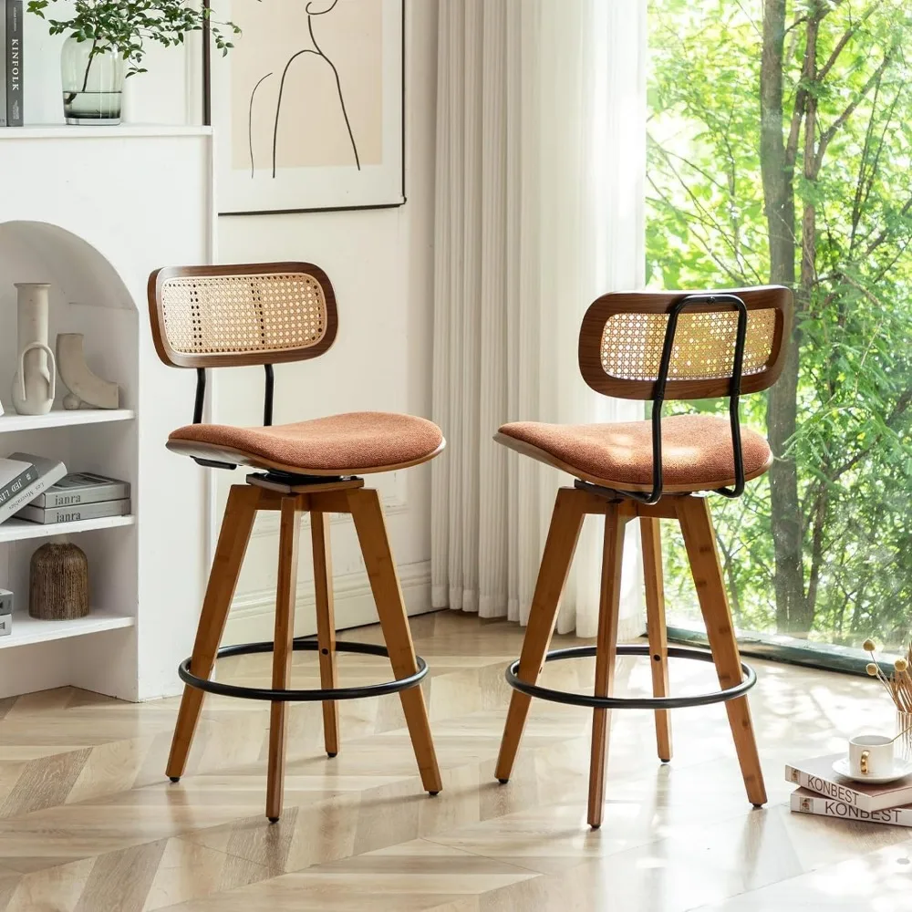 26" Rattan Bar Stools Set of 2 Linen Fabric Counter Height Swivel Barstools with Rattan Backrest and Wooden Legs,Armless Mid Cen