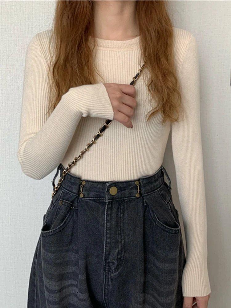 2025 เสื้อกันหนาวผู้หญิงใหม่ฤดูใบไม้ร่วงฤดูหนาวเสื้อแขนยาว Basic TOP แฟชั่น O-คอยืดหยุ่นหญิงฤดูหนาวถักจัมเปอร์