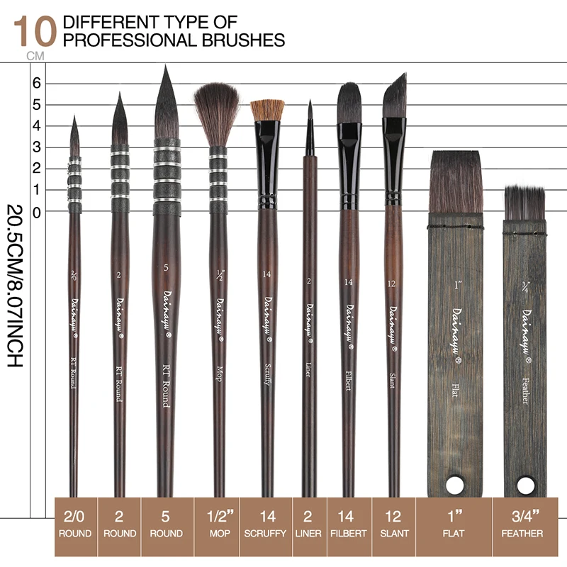 Dainayw 10 ชิ้นภาพวาดสีน้ําชุดแปรง Mop อินทรีย์สีฟ้ากระรอกม้าผมพู่กัน Multi - Function อะคริลิค Art Supplies