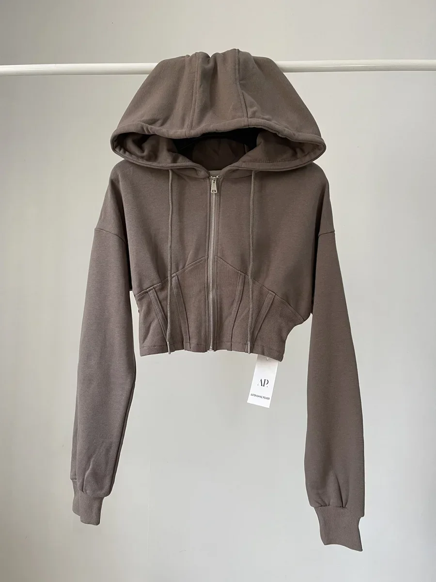 Sudadera corta con capucha para Mujer, abrigo informal con pliegues de cintura delgada y cremallera, Estilo Vintage coreano, Y2k, 2023
