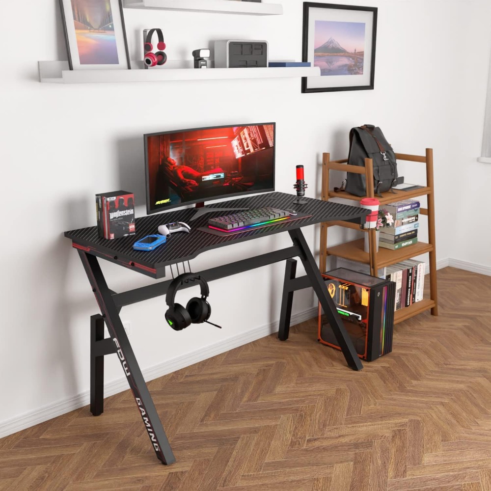 Gaming Desk Computer Desk 47 Inch Home Office Desk Extra Large Modern Ergonomic Black PC Carbon Fiber Table Gamer Workstation wi