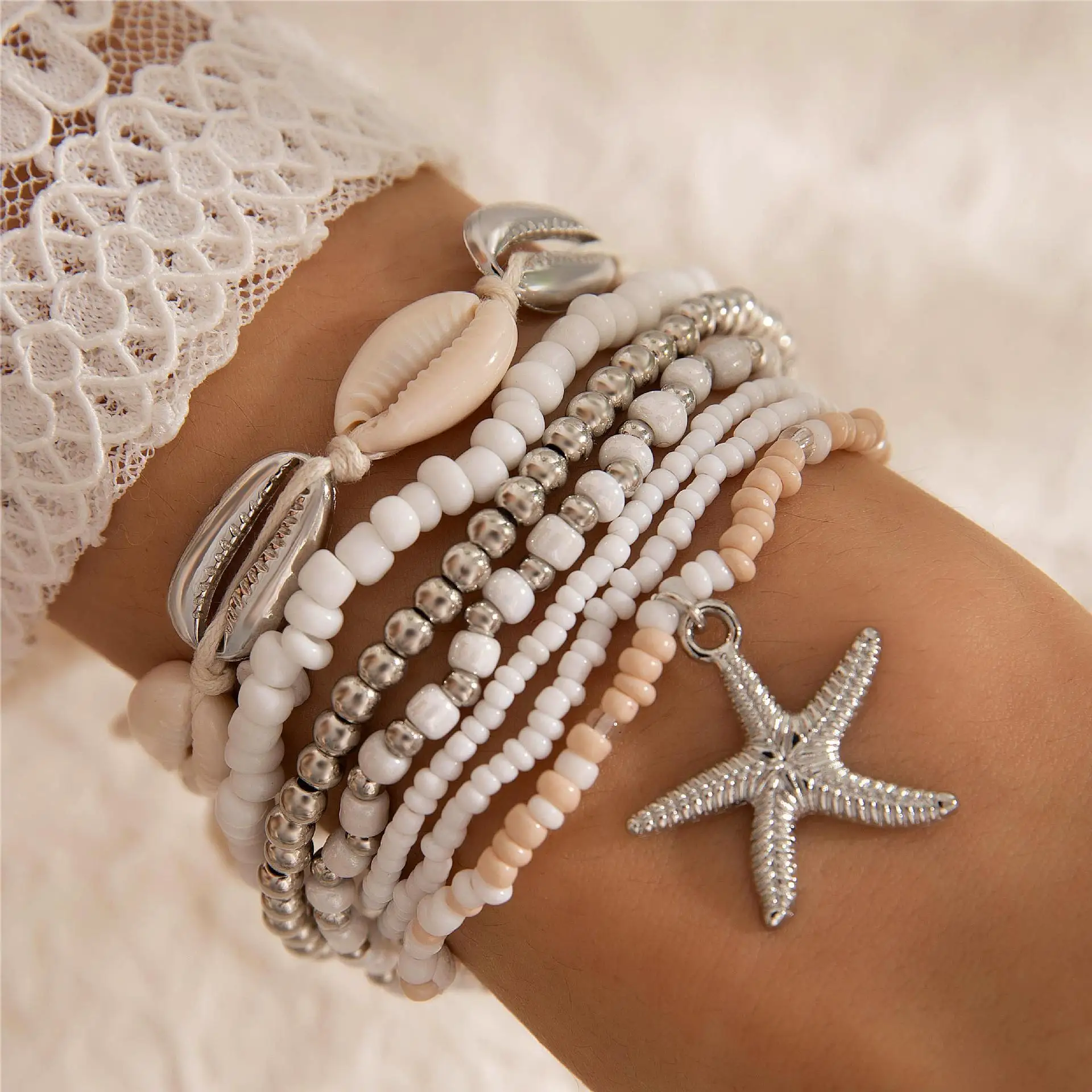 7 Uds. Conjunto de pulsera de estrella de mar de verano para mujer, cuentas de arroz de concha bohemia, brazalete de cadena elástica, accesorios de joyería de playa Bohemia