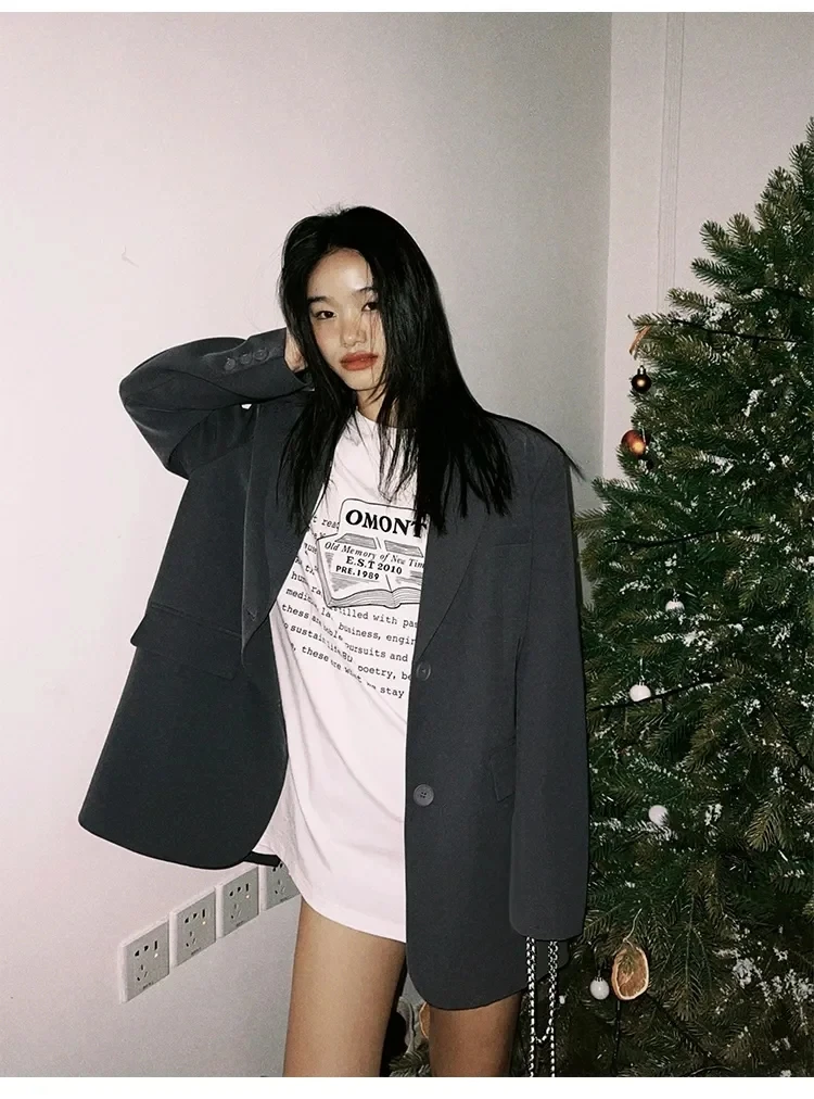 Frauen Schwarz Anzug Jacke Langarm Blazer Koreanische Mode Zurück Split Büro Blazer Damen Lose Mantel