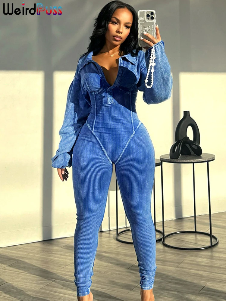 Weird Puss Washed Distressed Jumpsuit für Damen, gerippt, V-Ausschnitt, solide, hautfarben, langärmelig, Herbst, lässig, Trend, einfache Aktivität, Streetwear
