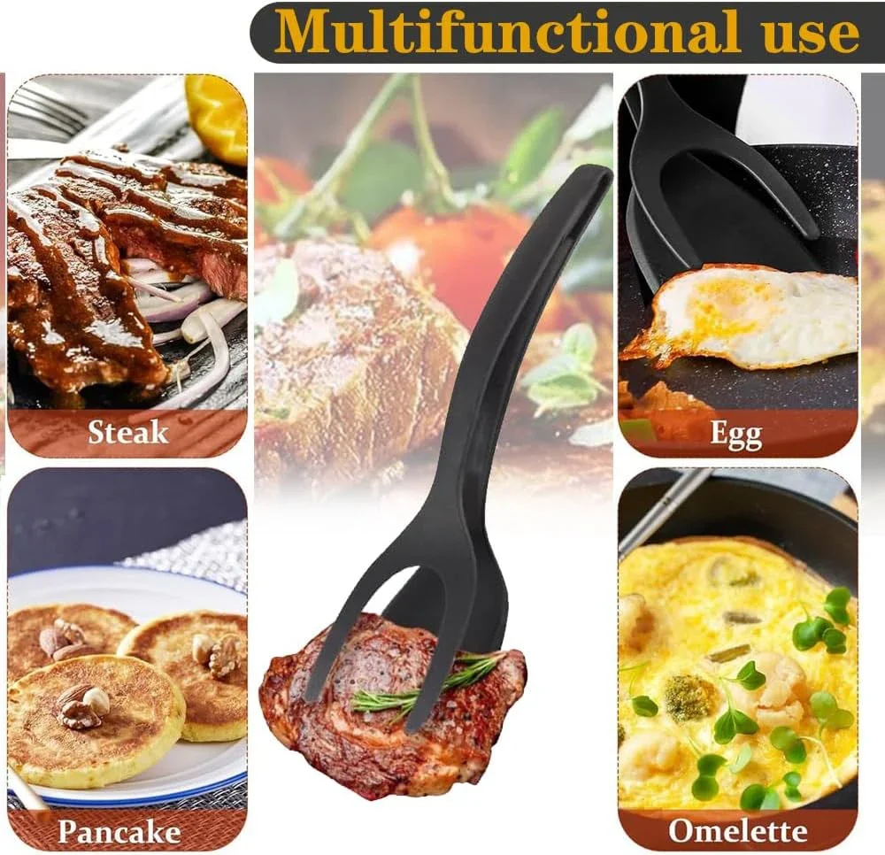 Venda quente 2 em 1 aperto flip espátula pinças ovo flipper espátula náilon revestimento antiaderente panqueca peixe torrada francesa omelete fazendo ferramenta