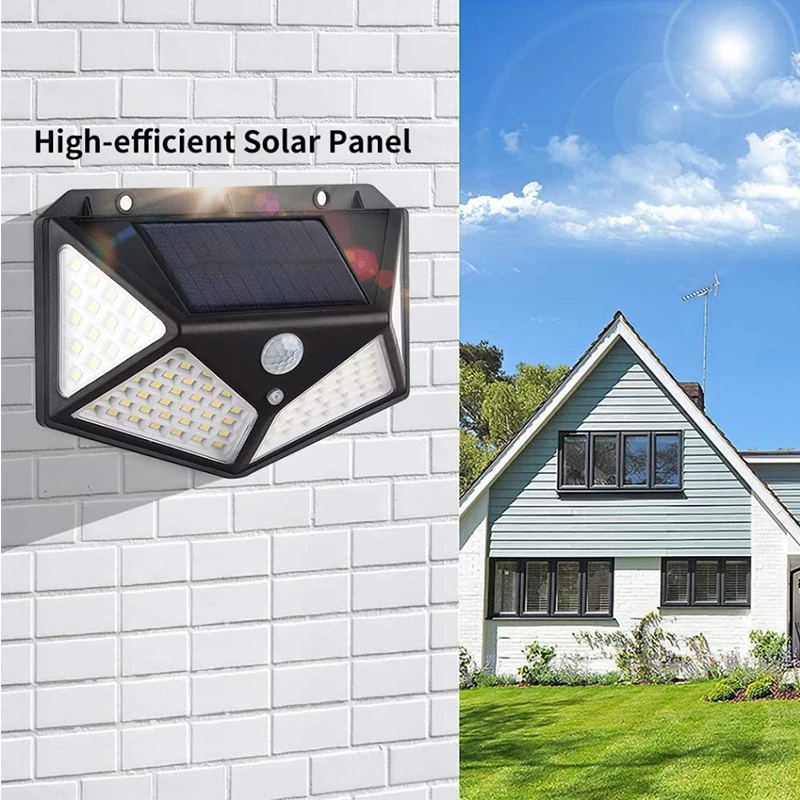 Luces solares para jardín al aire libre, luces de pared con Sensor corporal, cuatro lados, 100 LED recargables, iluminación para el hogar, farolas