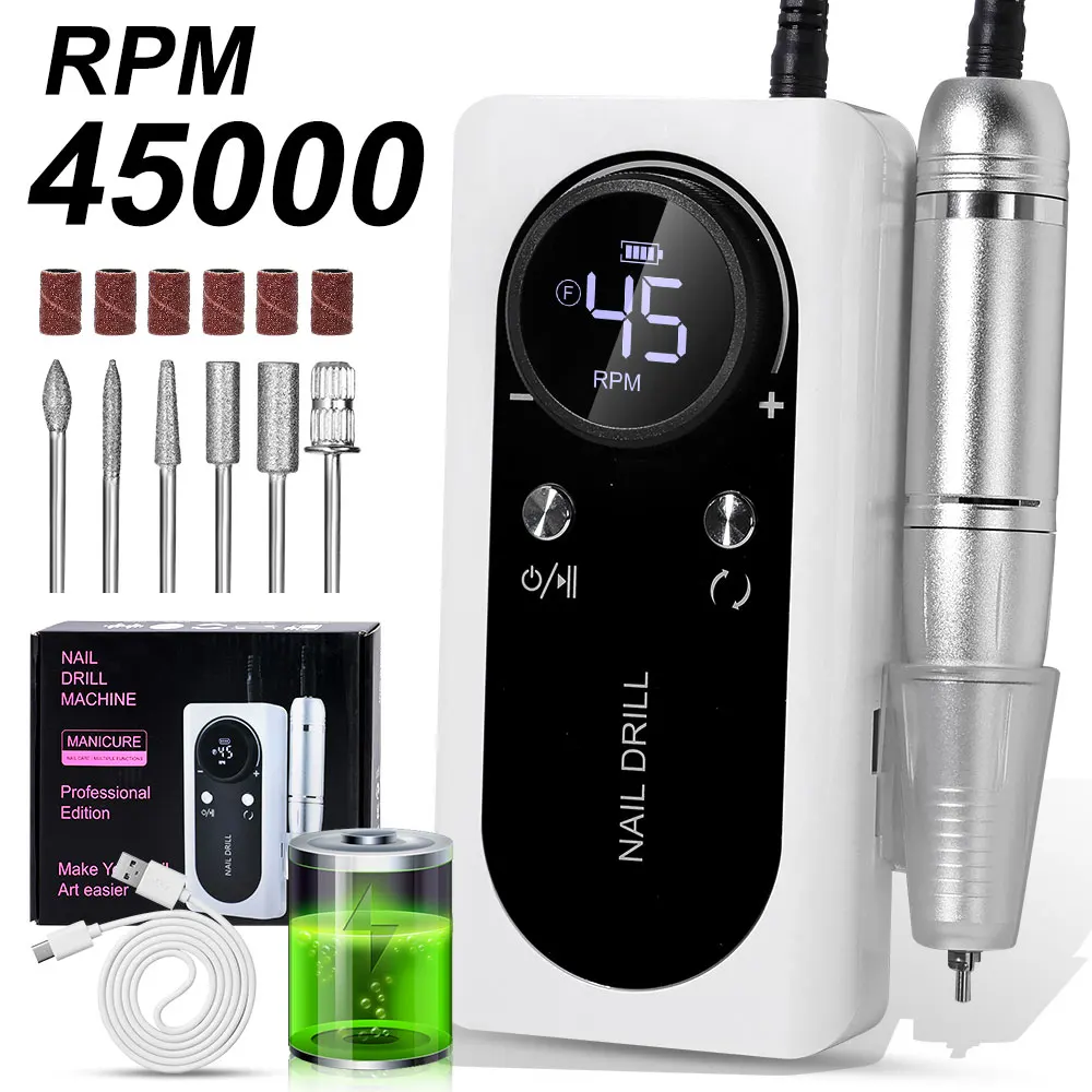 Lima de uñas eléctrica profesional de 45000RPM, taladro eléctrico recargable para uñas, lima lijadora de uñas de poco ruido para herramienta de salón de manicura