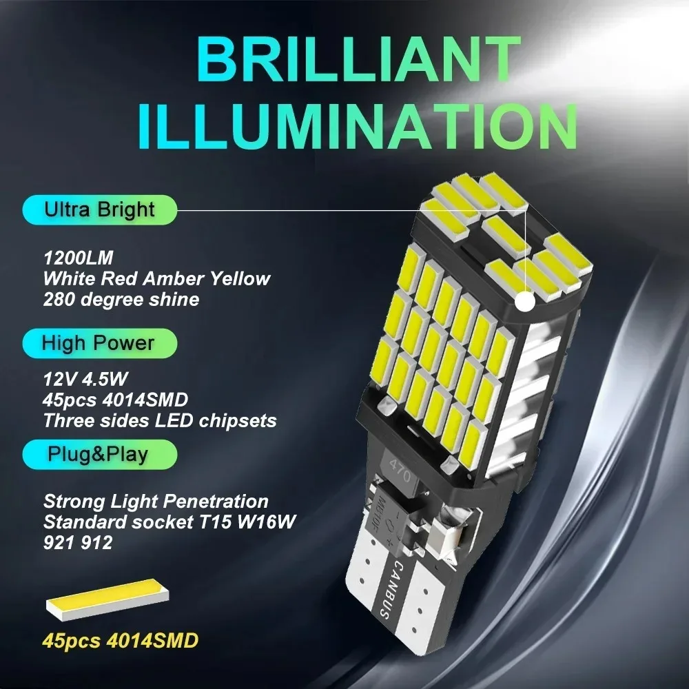Ampoules LED pour feux de recul de voiture, lumière super lumineuse sous LM, remplacement, blanc, T15, W16W, 921, 912, T16, T10, 902, 45SMD, 4014, 6 pièces