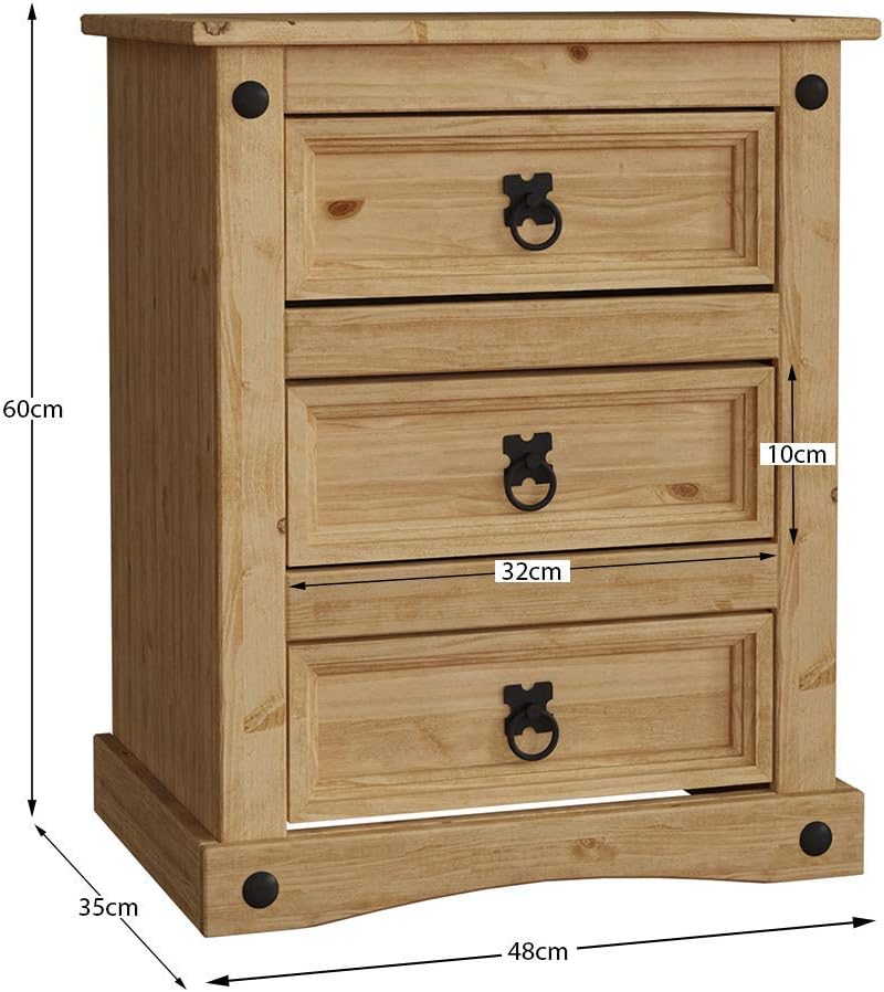 Mesita de noche, 3 cajones, madera de pino maciza