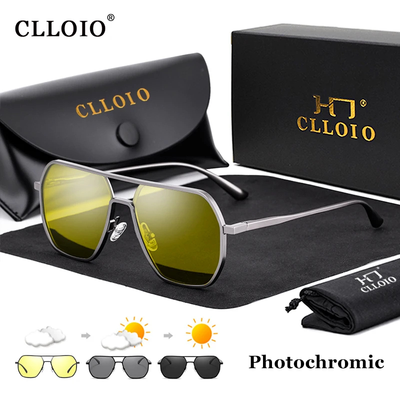 CLLOIO アンチグレアデイナイトビジョンメガネ男性女性偏光ドライビングサングラススクエアアルミフォトクロミックサングラス UV400