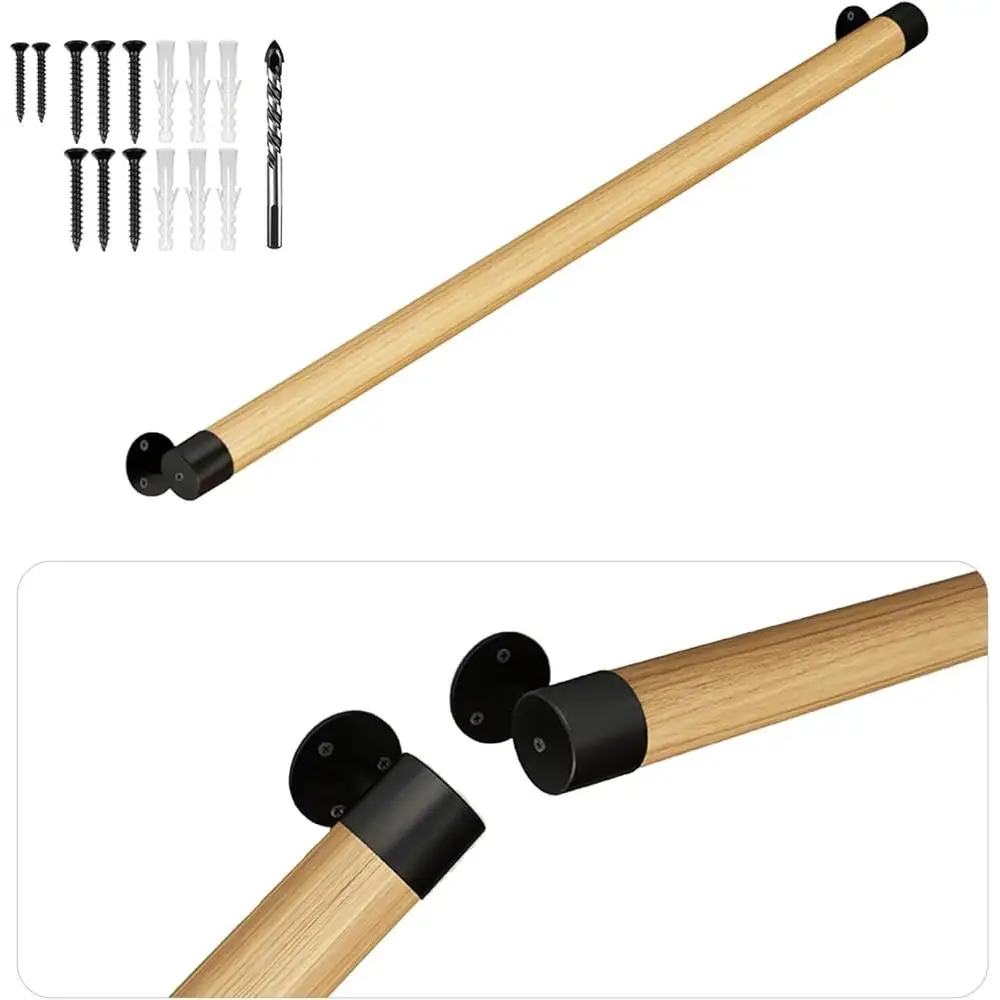 3FT Wooden Safety Handrail Sturdy Wall-Mount Support Non-Slip Elderly Children Easy Installation Indoor Outdoor Use