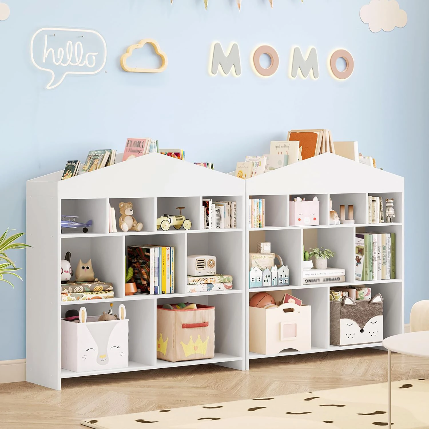 Scaffale per bambini a 9 coperti Libreria in legno Scaffale per armadietto per casetta da gioco per bambini per ragazzi e ragazze Organizzatore di stoccaggio di giocattoli per sala giochi
