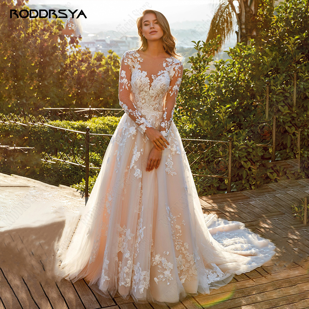 RODDRSYA Aangepaste Elegante Kant A-lijn Trouwjurk Lange Mouwen Bruid Toga Applique O-hals Sweep Trein vestidos de novia