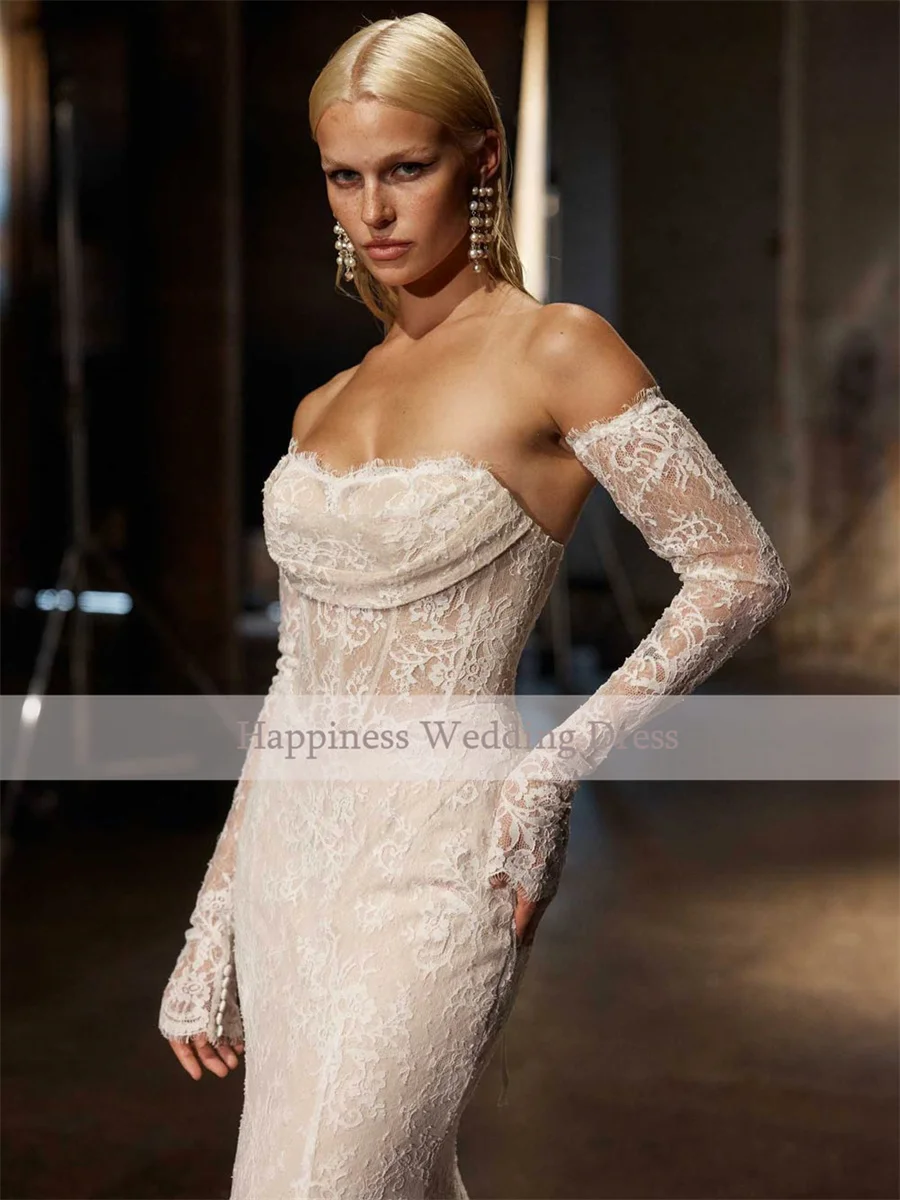 Top con spalle scoperte personalizzato trasparente con maniche a 3/4 Abiti da sera in pizzo a sirena Abito da sposa senza schienale e con lacci