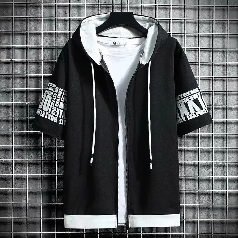 Moda masculina hoodies verão roupas masculinas camiseta com zíper capuz dos desenhos animados casual t camisa impressão com capuz topo de manga curta