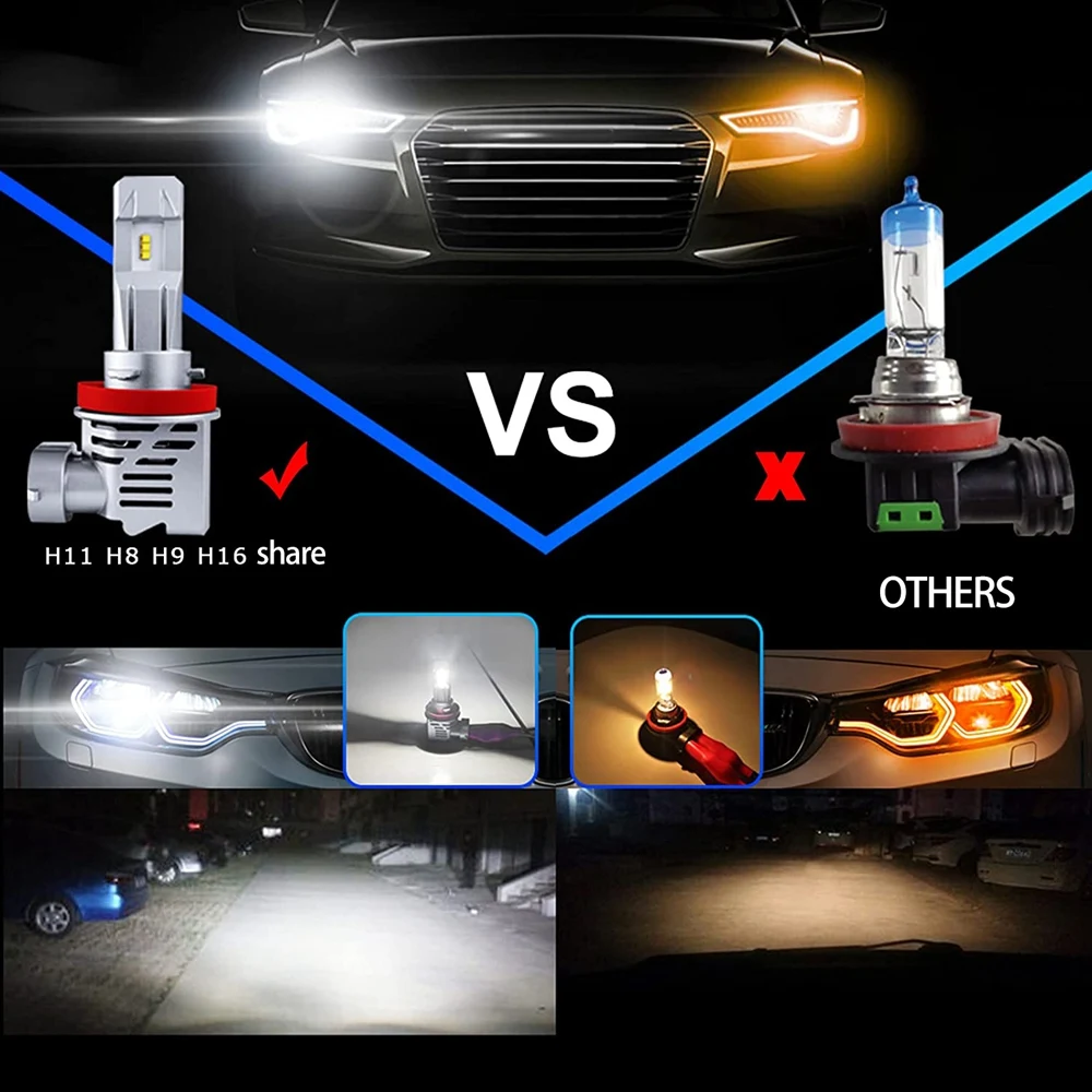 ワイヤレスLEDヘッドライト電球,クールホワイト,12000lm/セット,6500k,h11,h8,h9,h16,2個入りパック