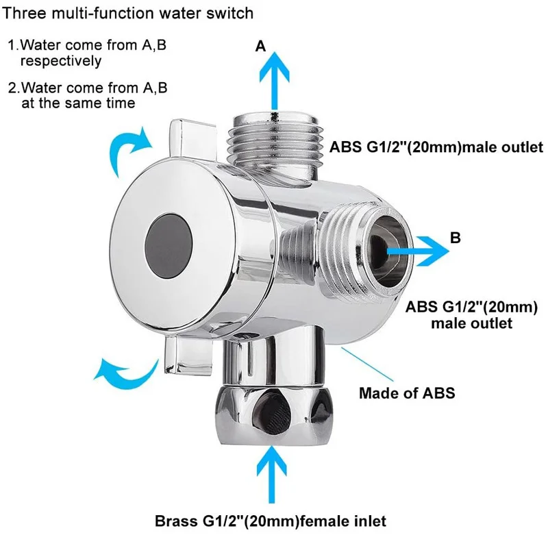 Válvula desviadora de grifo ABS, separador de agua de 3 vías de 1/2 pulgadas, adaptador en T para ducha, interruptor de grifo ajustable, accesorios de baño y baño