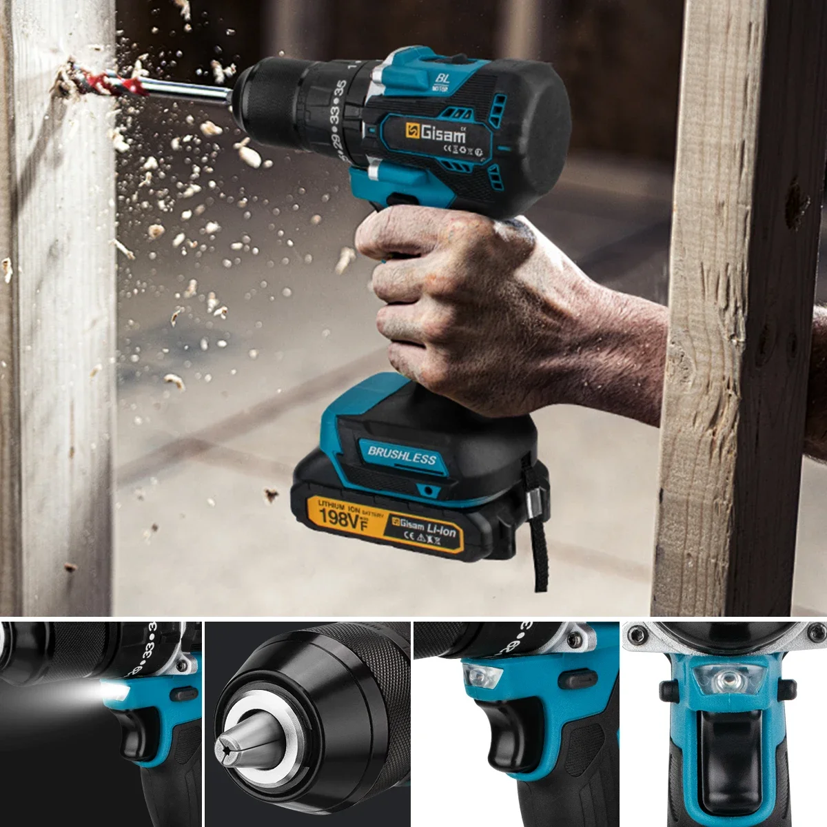 Gisam 13 มม.35 + 3 แรงบิดBrushlessสว่านกระแทกไฟฟ้าสว่านไร้สายไขควงไฟฟ้าเครื่องมือสําหรับMakita 18Vแบตเตอรี่Pin
