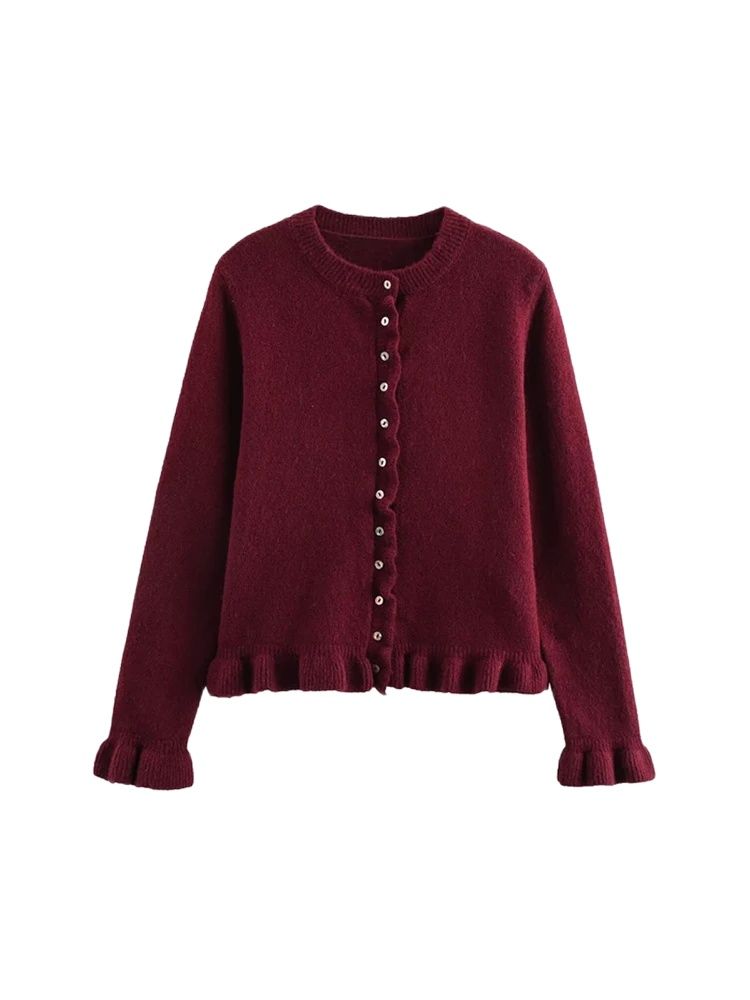 Suéter cardigã feminino de malha com babados, gola redonda, manga comprida, top chique com botões frontais, moda externa