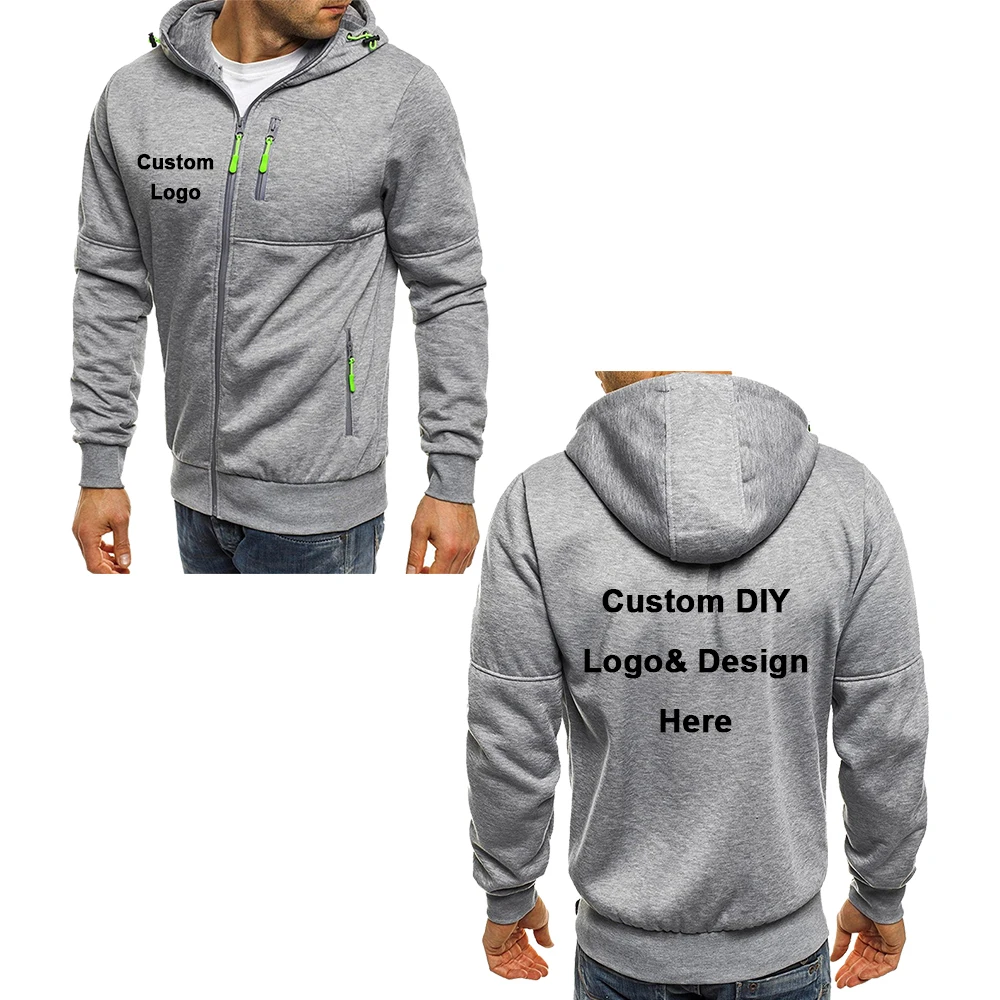 Jaqueta masculina com capuz e zíper com bolsos, texto de imagem com logotipo personalizado, streetwear esportivo casual, suéter de lã cardigã masculino, moda
