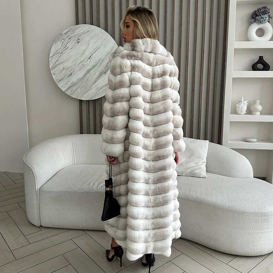 Abrigos de piel de conejo Natural para mujer, Chaqueta larga de piel de conejo Rex Real, abrigo cálido de invierno, superventas, novedad de 2024