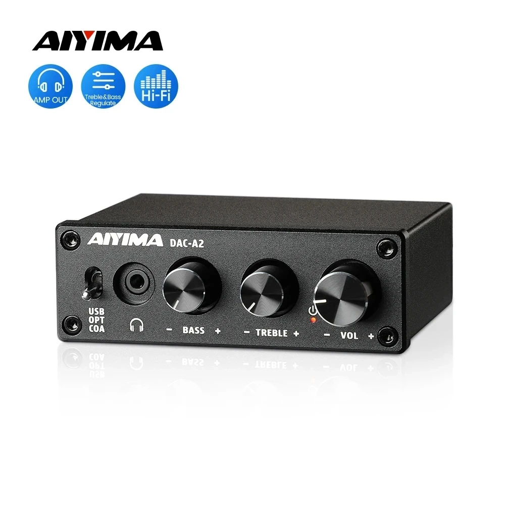 AIYIMA DAC-A2 decodificador de Audio HiFi amplificador de auriculares USB salida óptica Coaxial estéreo Gaming DAC para amplificador altavoces activos