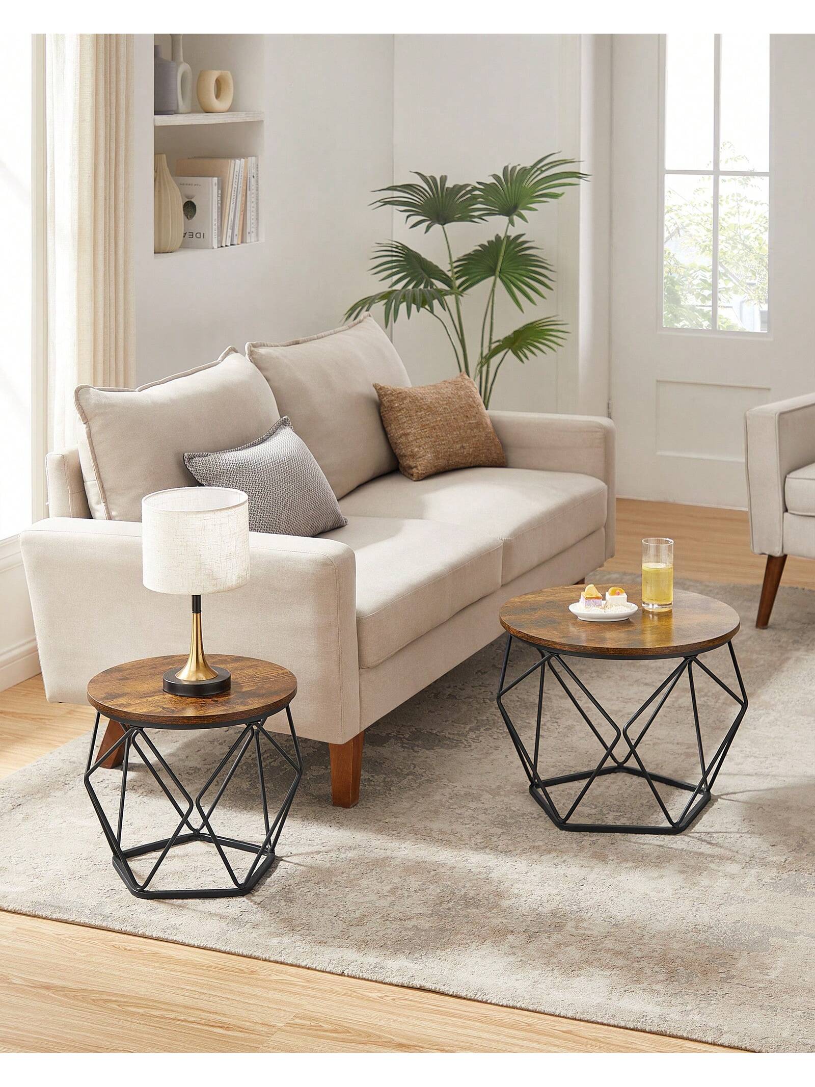 VASAGLE-Juego de 2 mesas de café, marco de acero robusto Ideal para sala de estar, dormitorio. Marrón rústico/negro