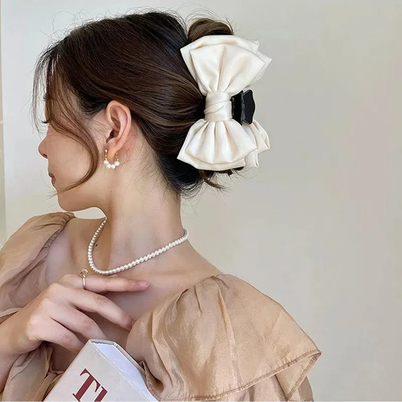Elegant ผู้หญิงโบว์ผม Claw คลิปสองด้านขนาดใหญ่ซาติน Shark Hair Claw Bowknot Hairpins Barrettes อุปกรณ์เสริมผม