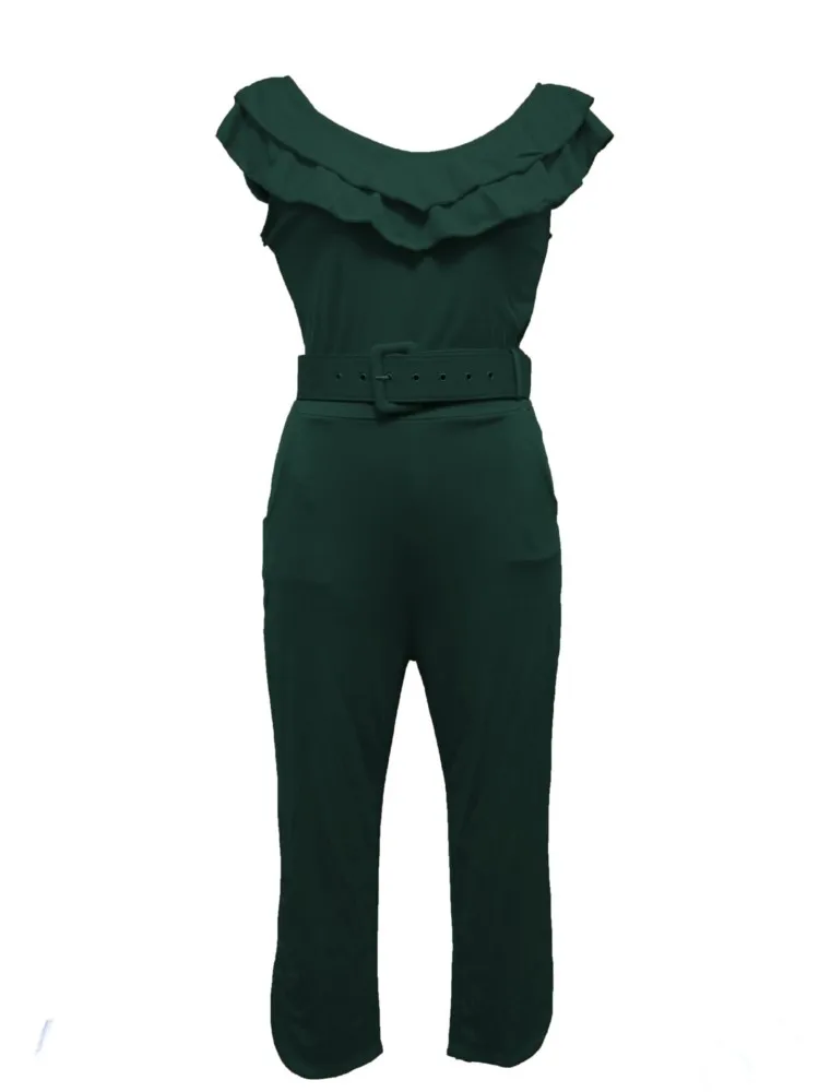 แฟชั่นฤดูร้อนปิดไหล่ผู้หญิงJumpsuitจีบRufflesขาเอวสูงSlimหญิงสีทึบRomperเข็มขัดไม่รวม