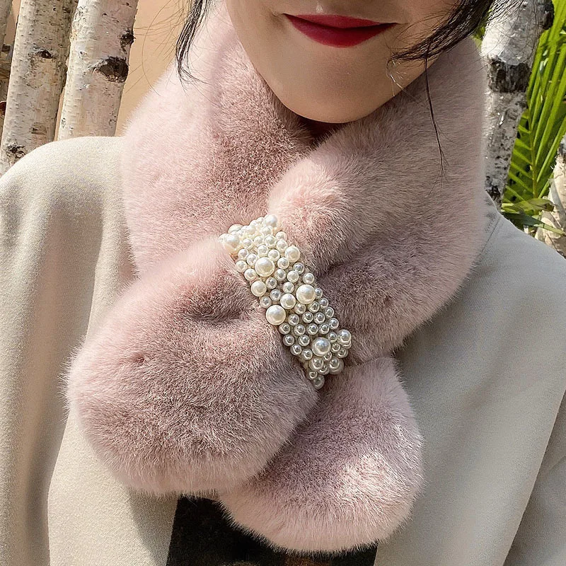 Bufanda de piel sintética de conejo para mujer, calentador de cuello suave y cálido, cuello de estilo coreano, chal de cuello acogedor para Otoño e Invierno, accesorio de moda