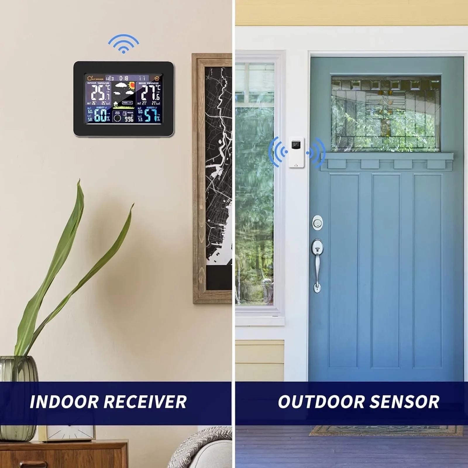 Reloj meteorológico digital en color con sensor inalámbrico para exteriores: monitor de temperatura interior/exterior en tiempo real
