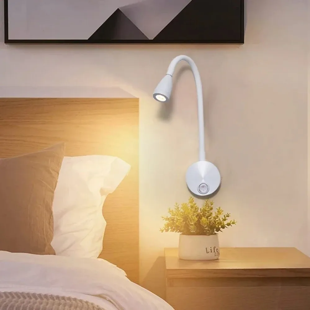 LED Gooseneck Reading Wall Lamp 3W With Switch Flexible Adjustable Working Study Wall Mounted Bedroom Bedside Night Light