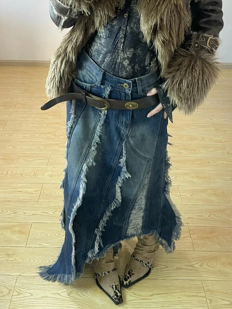 Falda vaquera Y2k Emo 2000s ropa falda larga Harajuku coreano 90s moda Vintage gradiente A-line Jean falda Grunge ropa