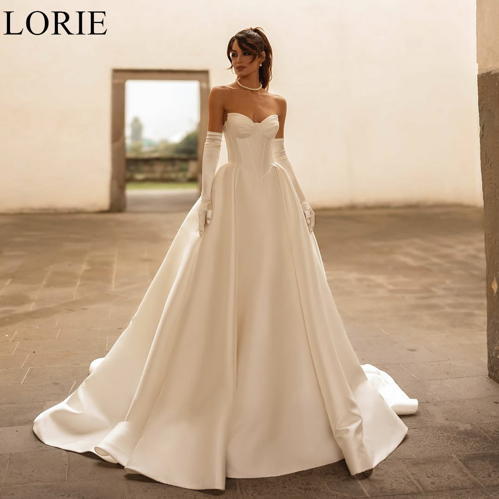 LORIE Elegante Elfenbein-Satin-Brautkleider, A-Linie, trägerlos, plissiert, Feenbraut-Abschlussballkleid, 2025, Brautkleider, Vintage, individuell gestaltet