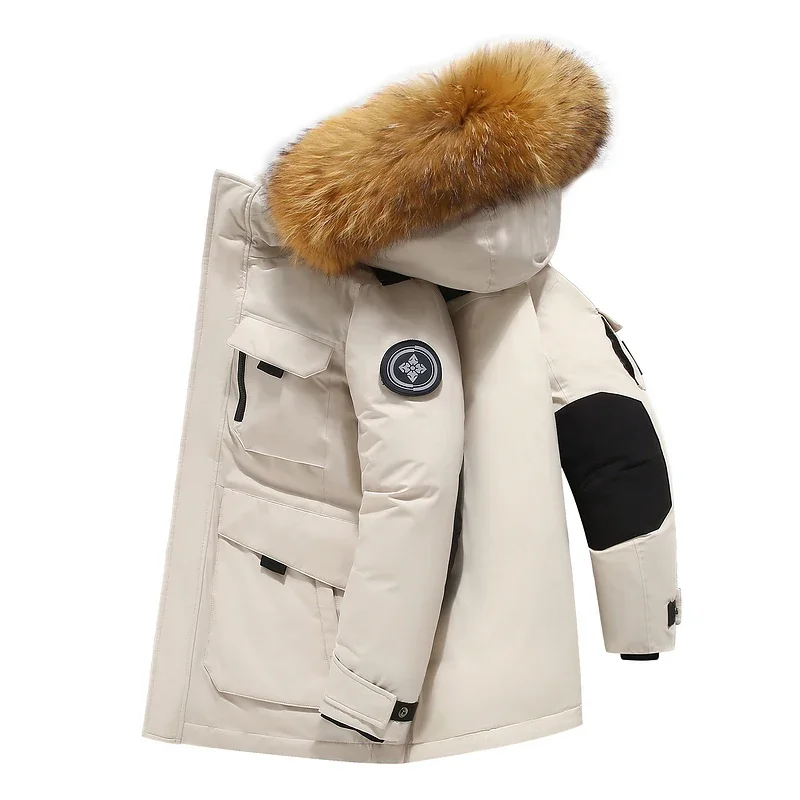 Preto para baixo jaqueta 2024 inverno forrado pato branco para baixo com capuz gola de pele jaqueta casual moda grosso quente bordado design parka