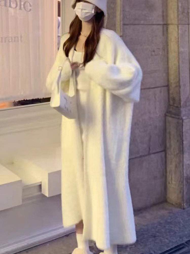 Otoño/Invierno estilo perezoso cálido hasta la rodilla cárdigan grueso para mujer suéter de punto de lana de visón de imitación pura abrigo cálido para mujer