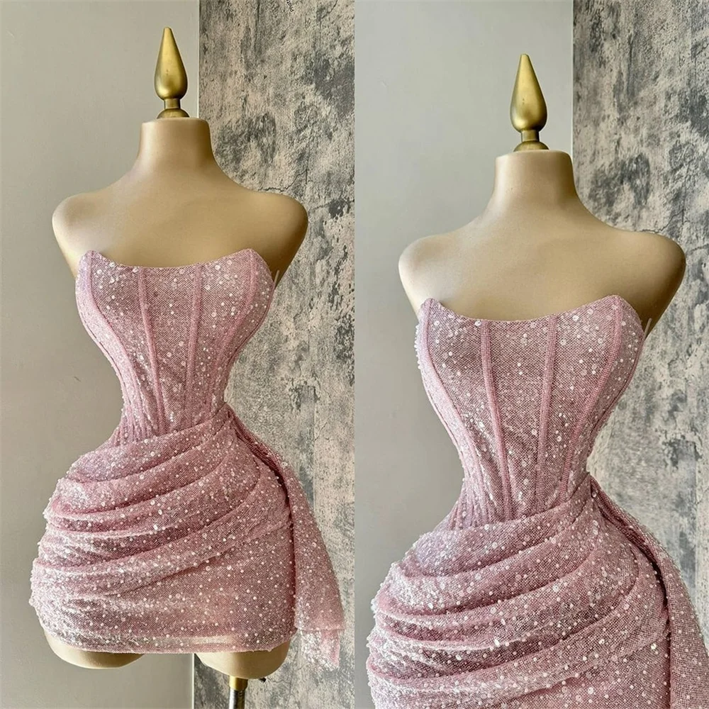 Sansa Customized Shiny Sequins Strapless Mini Prom Dresses Zip Pink Beaded فساتين سهرة Pleats Sleeveless Colum Party Dresses