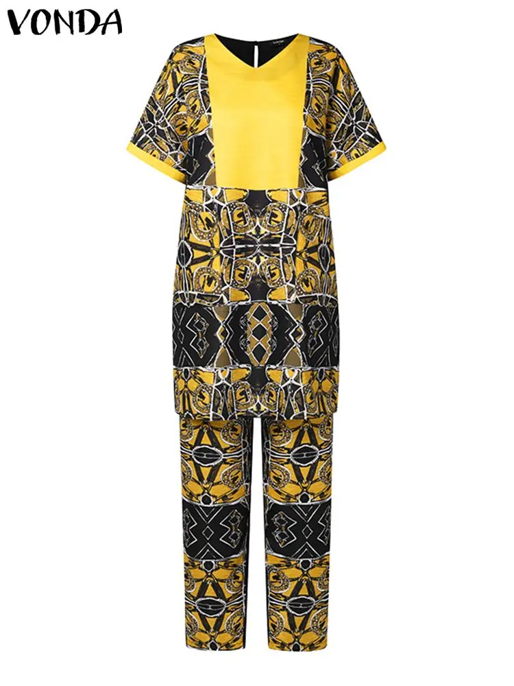 VONDA-Fatos femininos estampados com decote em v manga curta, calças plus size, bolso sexy, conjuntos combinando, roupas soltas, verão, 2022