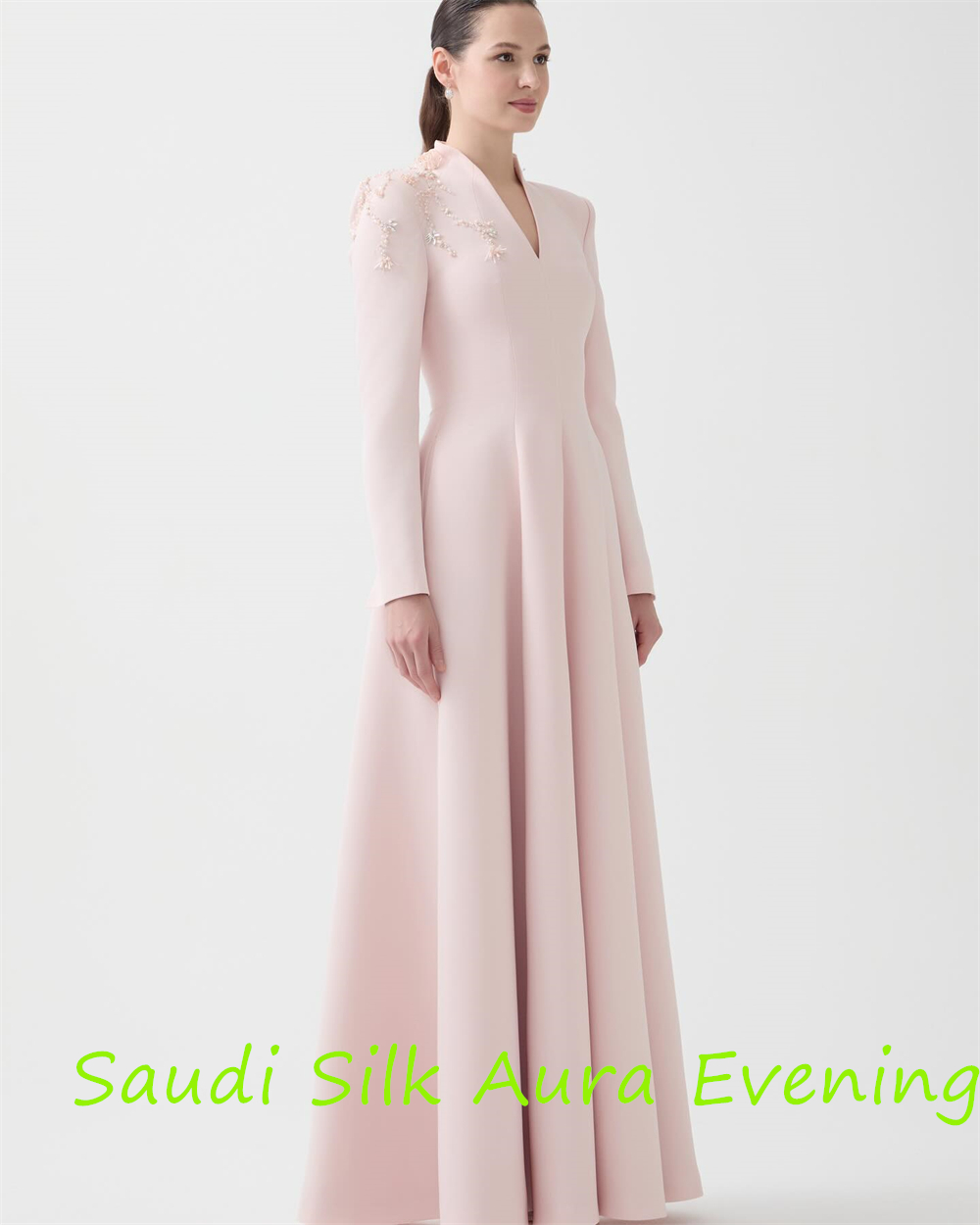Customized Customized Delicate Pink Jersey Evening Dress V-Neck Long Sleeves Celebrity Gowns Appliques Elegant Bespoke Occasion