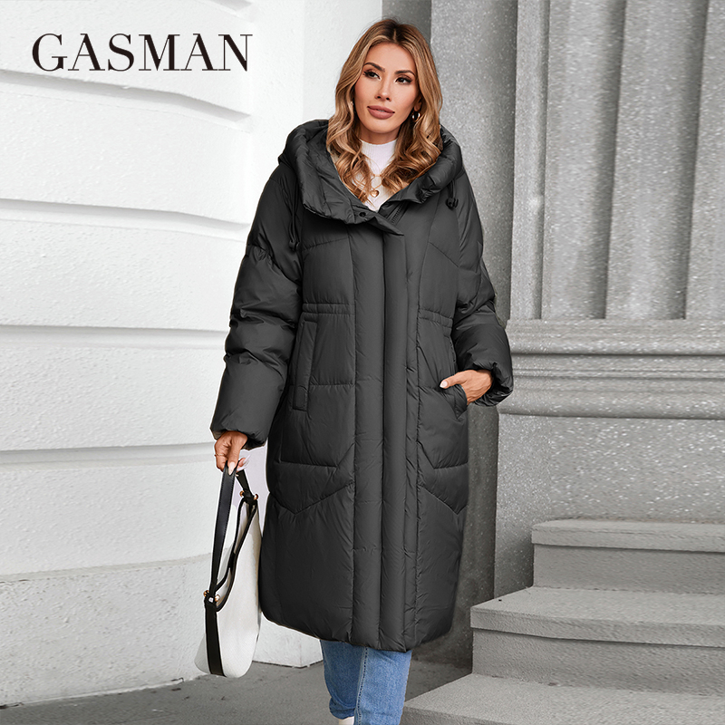 Gasman 2024 Winter Daunen jacke Frauen lange klassische Reiß verschluss Design Taschen ständer Kragen Kapuze schlanken Mantel Frauen Parkas 88590