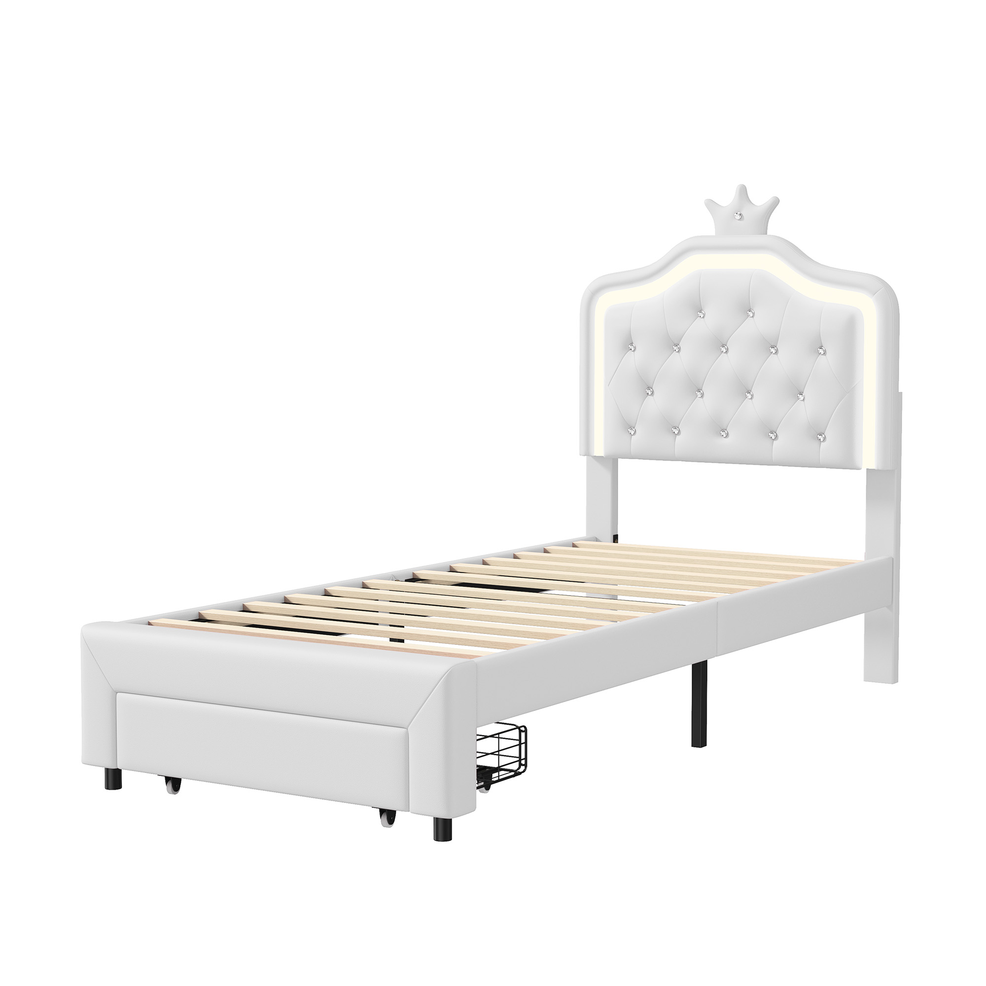 Lit bébé avec 1 égout de proximité et lumières LED, 90x200 cm, simple, blanc, filles, cuir PU, base à lattes et dossier
