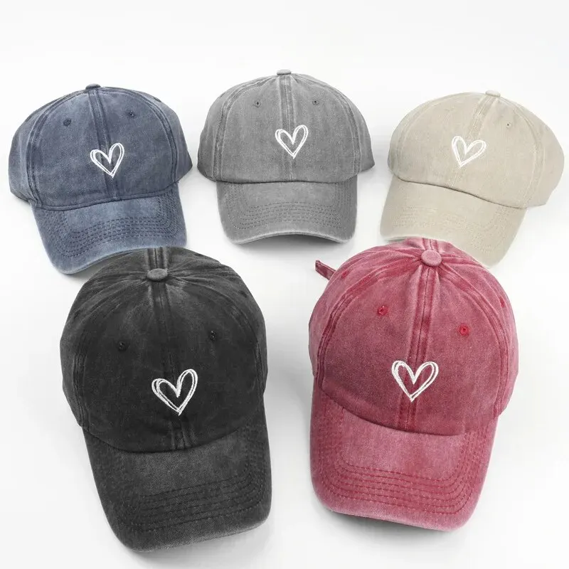 Gorra de béisbol lavada con bordado de corazón de melocotón para hombre y mujer, gorro fino, suave, versátil, primavera y verano