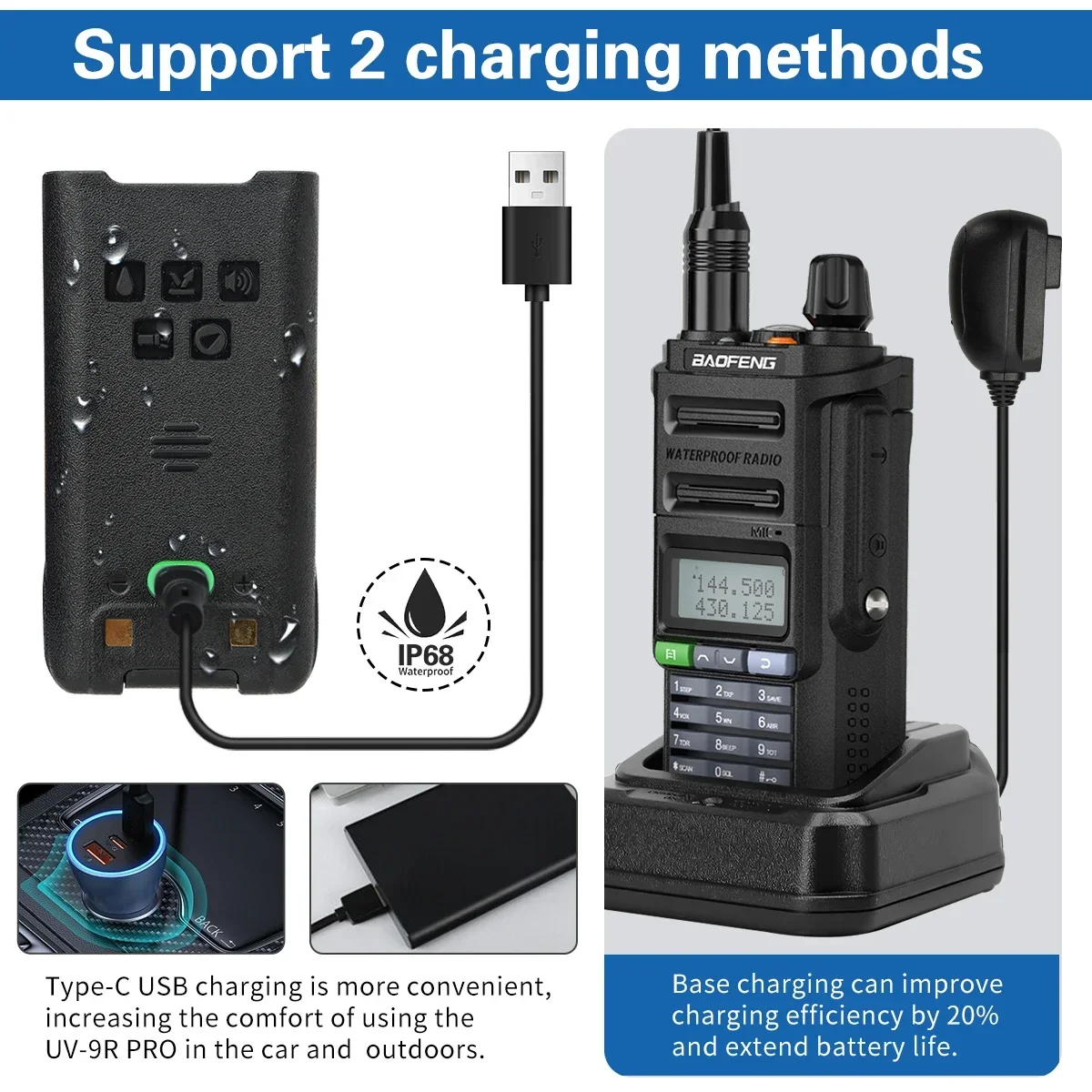Baofeng UV 9R Pro V2 IP68 Walkie Talkie impermeable Tri-Power tipo C cargador transceptor de doble banda Ham Radio bidireccional Radio marina