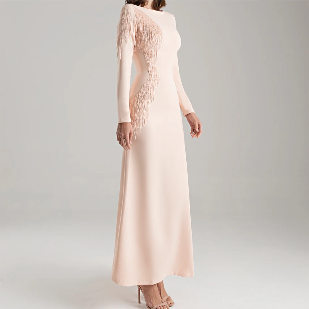 Customized Delicate Jersey Straight Tassel Evening Dress Formal Floor Length Crew neck Long Sleeves فساتين سهره نسائيه فخمة