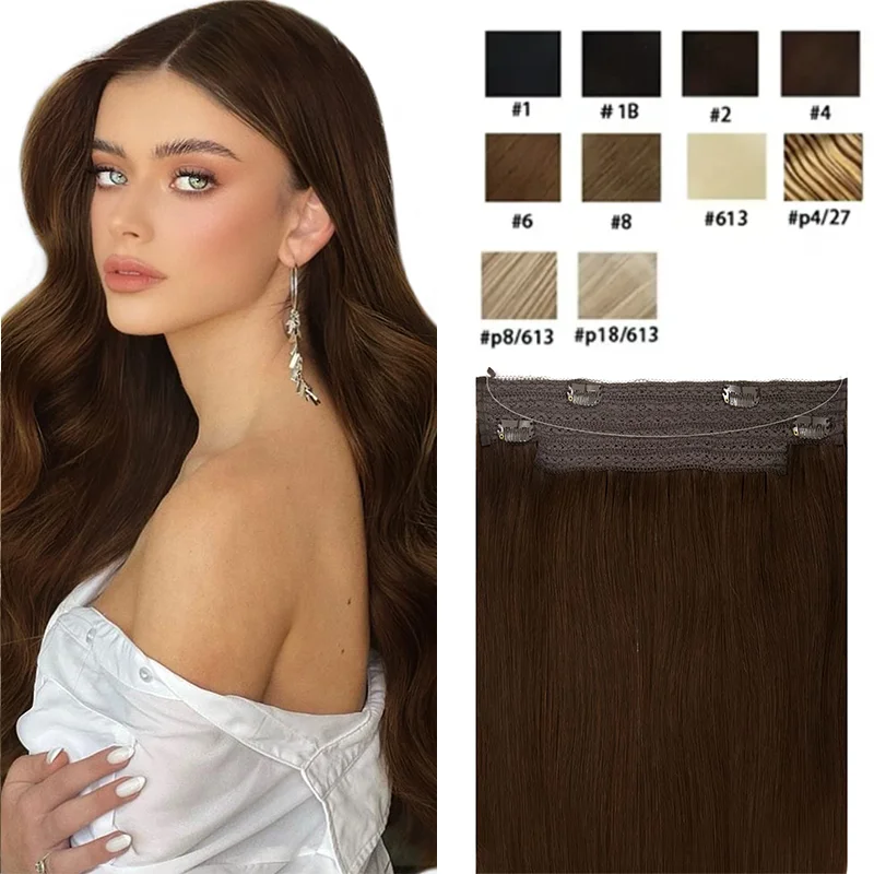 Extensiones de cabello humano, extensiones de cabello de alambre Invisible, peluca de cabello de línea de pescado Remy negra con línea de pescado