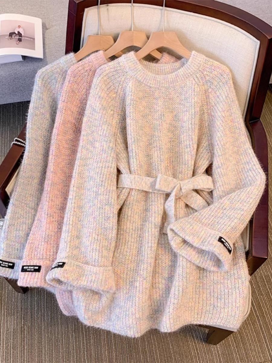 Vestido suéter elegante con cordones para mujer Otoño Invierno 2024 nuevo jersey de manga larga con cuello redondo suelto suave Top de punto de longitud media